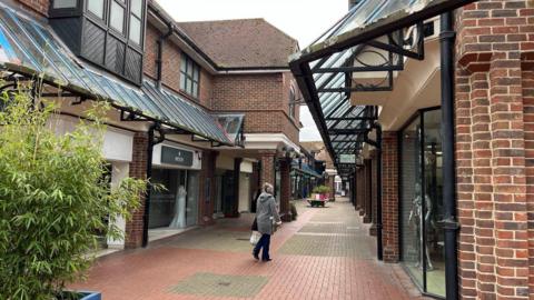 An outdoor street in a shopping centre. There is a woman in a grey coat walking in the red bricked-alley.