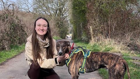 Animal care assistant Amy Robinson, who has long brown hair, with Charlie, a brindle and white lurcher dog wearing a green and yellow harness. Amy is crouched down on a country road cuddling Charlie. Amy is smiling. Charlie is facing the camera.
