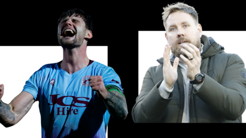 Split image showing Gateshead captain Kenton Richardson celebrating and manager Rob Elliot clapping