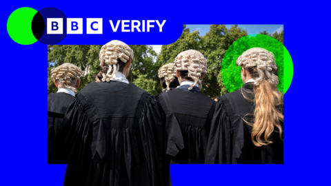 BBC Verify-branded image showing five barristers, both male and female, facing away from the camera wearing wigs and black robes.
