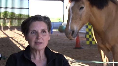 Harriet Laurie stands next to a horse in a covered training centre. She has styled, short brown hair and dark clothing, 