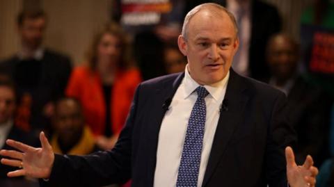 Sir Ed Davey delivers his speech on trade, relations with the EU and dealing with Donald Trump ahead of his return to the White House, to Liberal Democrat activists in central London