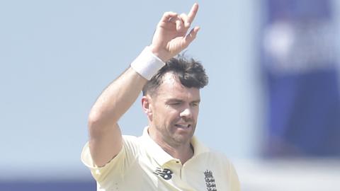 England's James Anderson celebrates taking a wicket against Sri Lanka