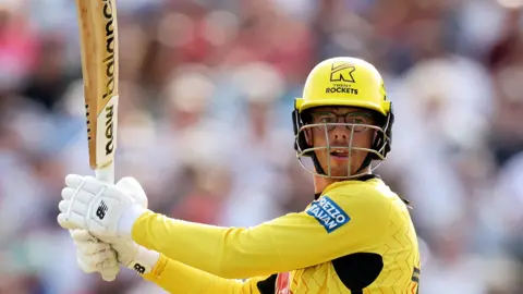 Mitchell Santner of Trent Rockets Men bats during The Hundred match between MI London Men and Trent Rockets Men at The Kia Oval 
