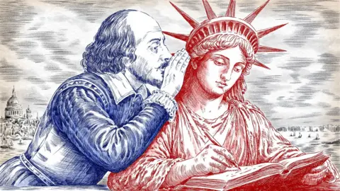 A sketch of a man in Elizabethan dress whispering into the ear of the Statue of Liberty, which is holding a book.
