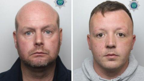 A composite of two mugshots - the left man is bald, has stubble and is wearing a black top. The right man has short brown hair and is wearing a grey hooded top.