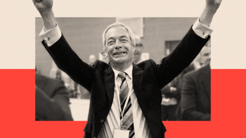 A treated image of Nigel Farage with his arms raised

