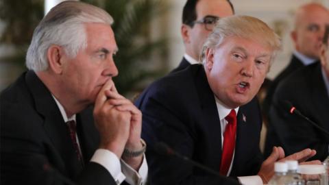 US President Donald Trump at a meeting with US Secretary of State Rex Tillerson at the Mar-a-Lago estate in Palm Beach, Florida, 7 April 2017