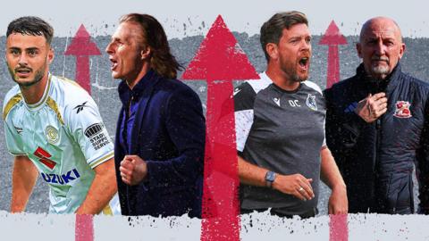 BBC graphic featuring MK Dons striker Aaron Collins, Gillingham manager Gareth Ainsworth, Darrell Clarke of Bristol Rovers and Swindon boss Ian Holloway