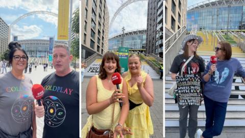 Three vertical images of fans being interviewed at Wembley Stadium. On the left, there is a couple with a dark brown-haired woman wearing glasses and smiling, and a grey-haired man who is speaking and holding a red microphone. They are both wearing Coldplay T-shirts and are stood in front of Wembley Stadium. In the middle, there are two girls dressed in light yellow dresses; the one on the left has brown hair and is speaking into the microphone, and the one on the right is smiling and clenching her fist. On the right, two women are stood at the bottom of a set of stairs decorated in yellow. The woman on the left is wearing a grey T-shirt with 'VIVA' written on it, and is wearing a cowboy hat and holding a sign reading "I've come from Melbourne where you fell. Maybe a songbook tonight for a better story to tell!" She is looking at the woman on her right, who is leaning on a railing and is wearing a dark blue jumper with a pair of angel wings on it. She is holding the microphone and looking at the other woman.
