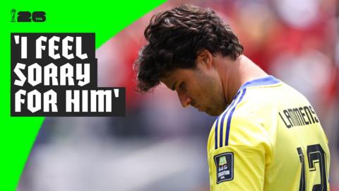 Belgium's Senne Lammens hangs his head after conceading a goal from Spain in the 2026 World Cup.