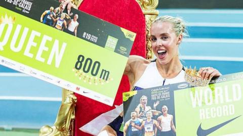 Britain's Keely Hodgkinson celebrates after breaking the world record in the 800m women final at the Athletics meeting "Hauts-de-France Pas-de-Calais" as part of the World Indoor Tour Gold, in Lievin, northern France on February 19, 2026.