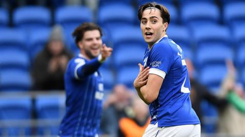 Joel Colwill celebrates his goal against Luton