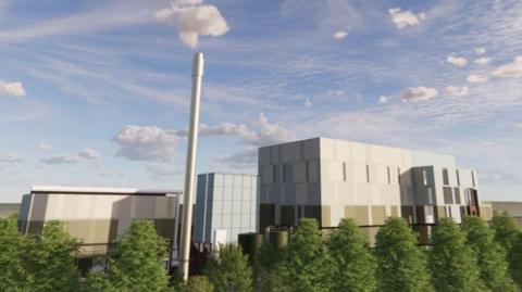 Artist's impression of the incinerator surrounded by trees with a blue skies and scattered cumulonimbus clouds on a sunny day.
