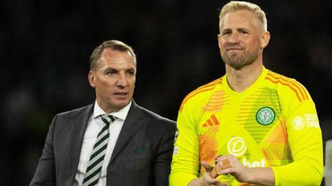 Celtic manager Brendan Rodgers and goalkeeper Kasper Schmeichel
