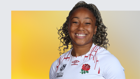 A picture of Sadia Kabeya smiling in an England shirt on a yellow BBC Sport background