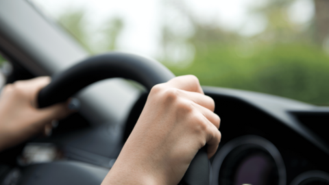 Image shows someone behind the wheel of a car
