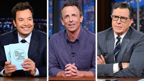 A composite image of Jimmy Fallon, Seth Meyers and Stephen Colbert