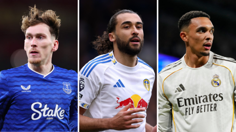 Split picture graphic of James Garner of Everton, Dominic Calvert Lewin of Leeds and Trent Alexander-Arnold of Real Madrid 