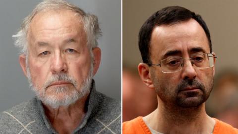 William Strampel mugshot and Larry Nassar in court