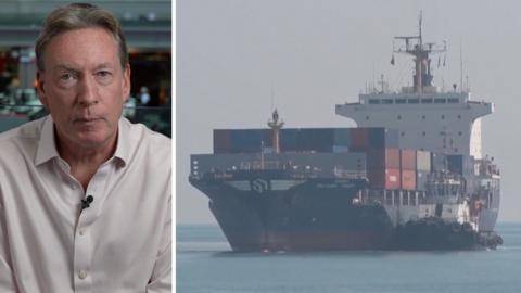Split screen image showing correspondent Frank Gardner on the right and a vessel on the left