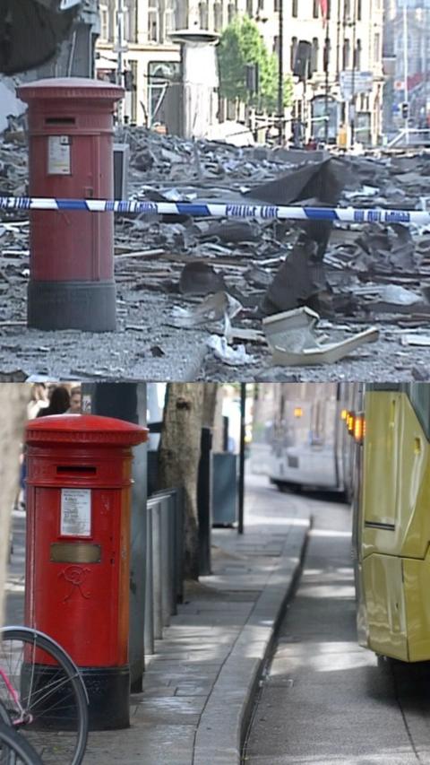 Split image: bomb-damaged street with debris and police tape above; intact street with red postbox and tram below.
