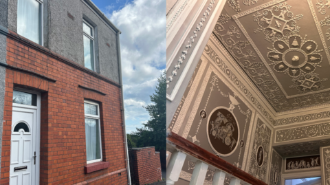 A composite image shows the exterior and interior of a home. On the left is a photo of the red-brick, two-storey end of terrace house, it has a white PVC door and is pebble-dashed on the second floor. There are blue skies with some cloud in the background of the image. On the right, the upstairs landing's ceiling is painted grey with intricate white neoclassical plasterwork patterns. A white bannister with a brown rail can be seen in the foreground of the image.