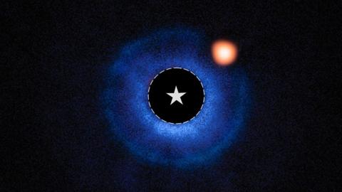An image of a nearby star and its vicinity. The star symbol at the centre of the image marks the star’s location. A fuzzy blue disc surrounds the star. An orange spot, near to the star and inside this disc, is identified as a planet orbiting the star. A fainter orange spot far from the centre marks a distant star.