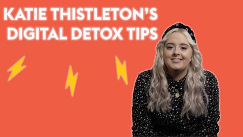 Presenter Katie Thistleton on red background next to text Katie Thistleton's digital detox tips