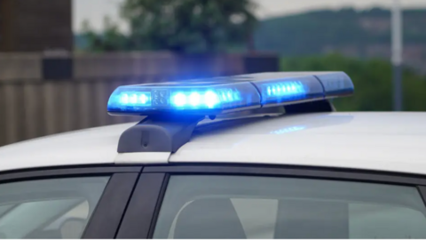 The top of a police car with the blue lights turned on