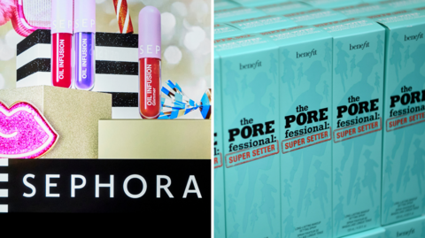 A Sephora advert on a street in Bari, Italy (left) and (right) boxes of Benefit cosmetics skincare products.