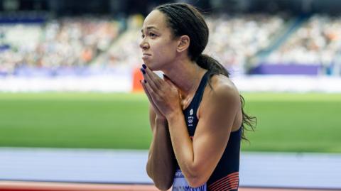 Katarina Johnson-Thompson of Great Britain reacts after a jump in the heptathlon event. 