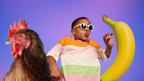 Chicken, boy dancing, banana 