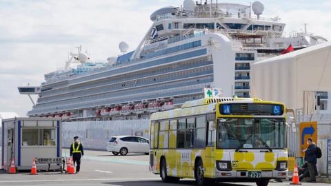 Bus carrying passengers away from the Diamond Princess in Yokohama, Japan.