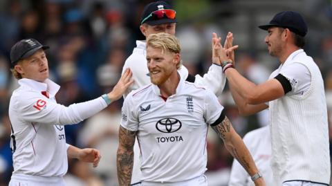 England captain Ben Stokes (centre) and team-mates celebrate a wicket