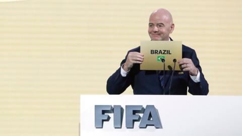 FIFA President Gianni Infantino announces Brazil as the winning country to host the 2027 Women's World Cup