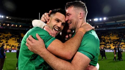 Peter O'Mahony and Conor Murray embrace after Ireland beat New Ireland