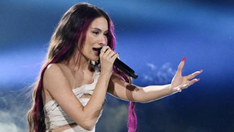 Eden Golan representing Israel with the song "Hurricane" performs during the first rehearsal of the second semi-final of the Eurovision Song Contest (ESC) at Malmo Arena, in Malmo, Sweden, 08 May 2024. 