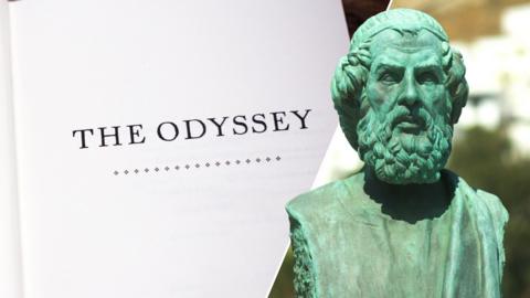 A split image On the left is the title 'The Odyssey' on a blank page On the right is a bust of Homer