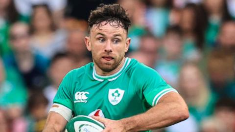 Ireland full-back Hugo Keenan runs with the ball during the World Cup warm-up win over England in Dublin