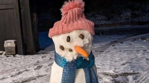 A snowman with a pink hat and a blue scarf. It has stones for eyes and a carrot nose.