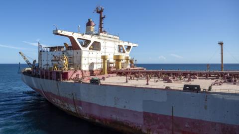 FSO Safer, a decaying supertanker moored off Yemen's Red Sea coast, seen from salvage support vessel Ndeavor (30 May 2023)