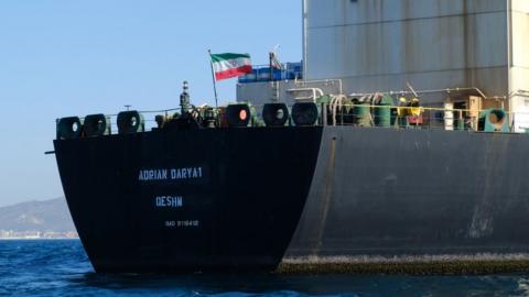 An Iranian flag flutters on board the Adrian Darya 1 oil tanker