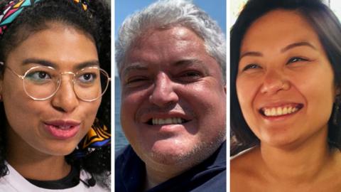 Composite picture of voters Amanda Costa, Sergio Pimentel and Fernanda Okuyama