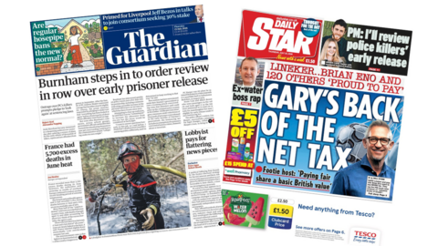 The headline on the front page of the Guardian reads: "Burnham steps in to order review in row over early prison releases". The headline on the front page of the Daily Star reads: “Gary's back of the net tax”.