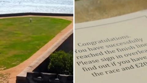 A split screen of two people running towards the finish point and a paper saying 'congratulations'