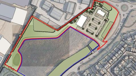 Image shows a map illustration of where the drive thru and convenience store will go. The entrance is on Warwick Road just before the roundabout and part of it backs onto Wistow Road. 