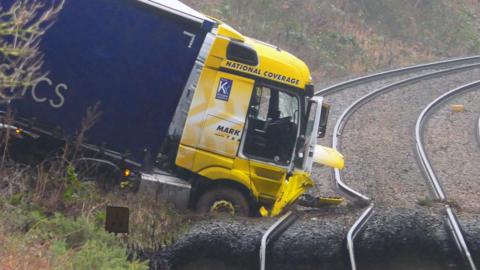 The yellow front cab of a lorry smashed into railway tracks. Two rails are bent and the front tyres and lower part of the cab are lodge in the stones below the track. The rear of the lorry is on the embankment.