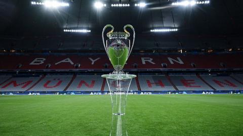 Th Champions League trophy at the Allianz Arena in Munich