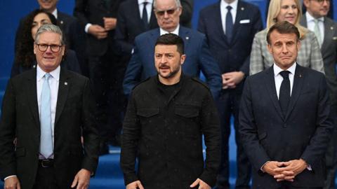 UK Prime Minister Sir Keir Starmer, President Volodymyr Zelensky and President Emmanuel Macron 